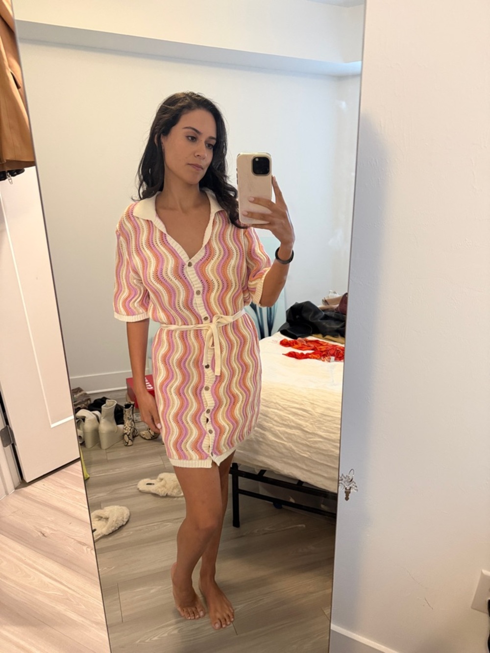 Pink & Cream Knit Button-Front Mini Dress with Tie Belt